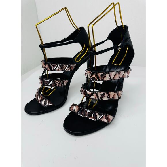 GUCCI Charlotte Black Leather Pink Crystal Jeweled Strappy Sandals Pump EU 39.5 - Picture 8 of 11